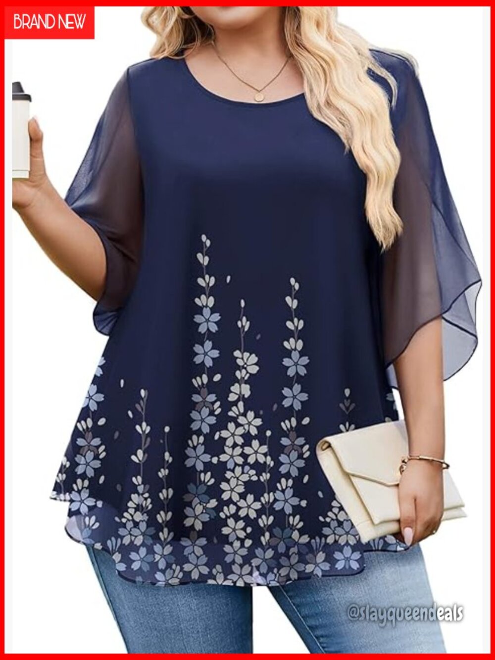 Plus Size 3/4 Sleeve Mesh Blouse Loose Fit Flowy Double Layer